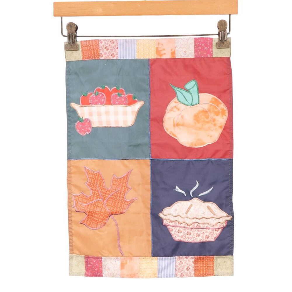 Fall Garden Flag 13x18 Pumpkin Apple Pie Leaf Patchwork Border Outdoor Decor